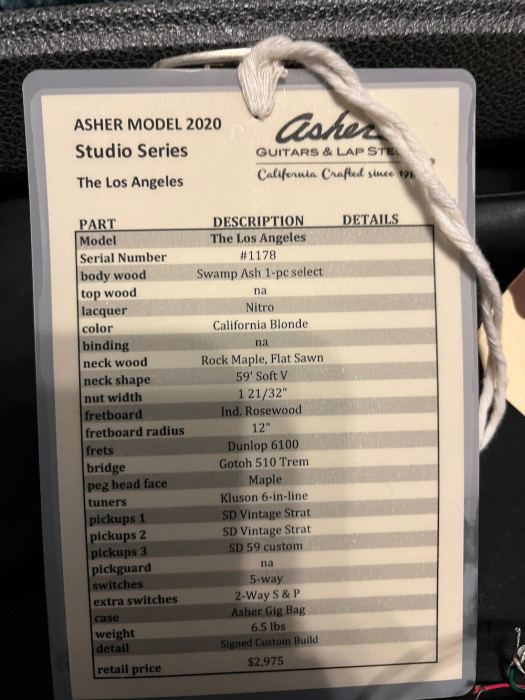 2020 Asher The Los Angeles California Blonde Boutique Handmade Guitar W/OHSC