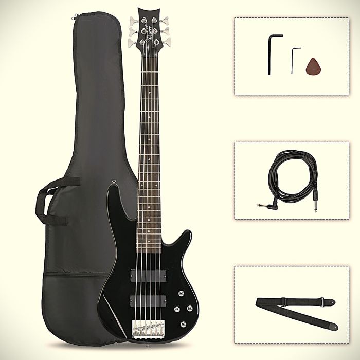 Black 6-String Electric Bass Guitar, H-H Passive Pickups, Maple Neck, Full-Size