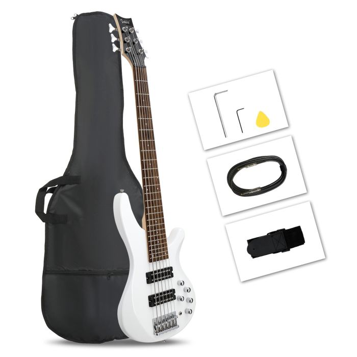 White 6-String Electric Bass Guitar with Active H-H Pickups, 24-Frets, Gig Bag