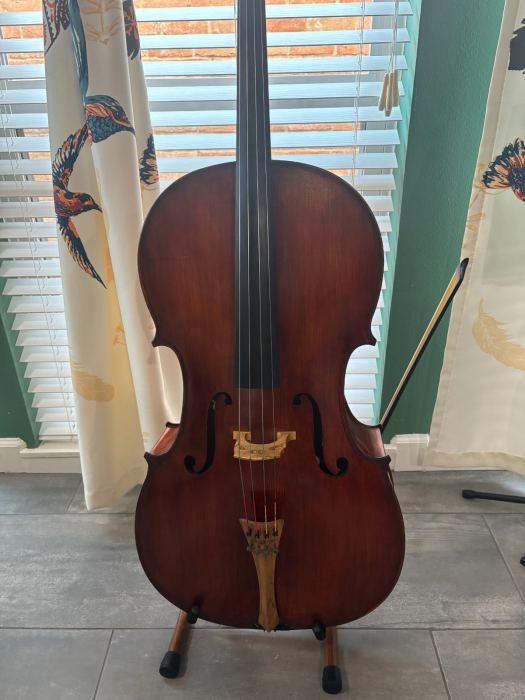 Full size cello, fiberglass hard case, one wooden bow