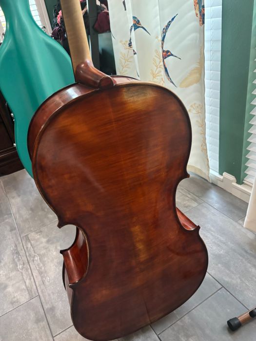 Full size cello, fiberglass hard case, one wooden bow