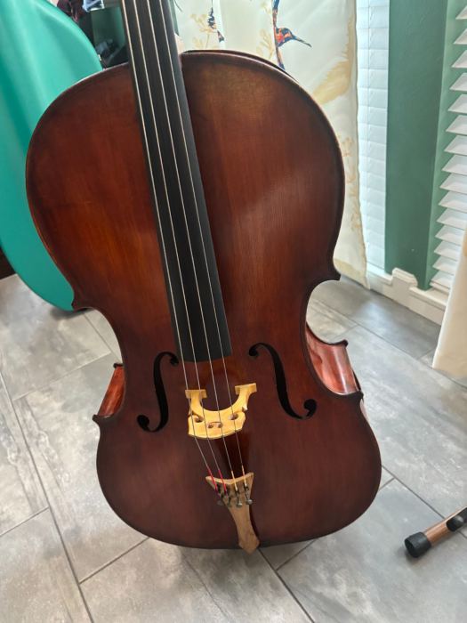 Full size cello, fiberglass hard case, one wooden bow