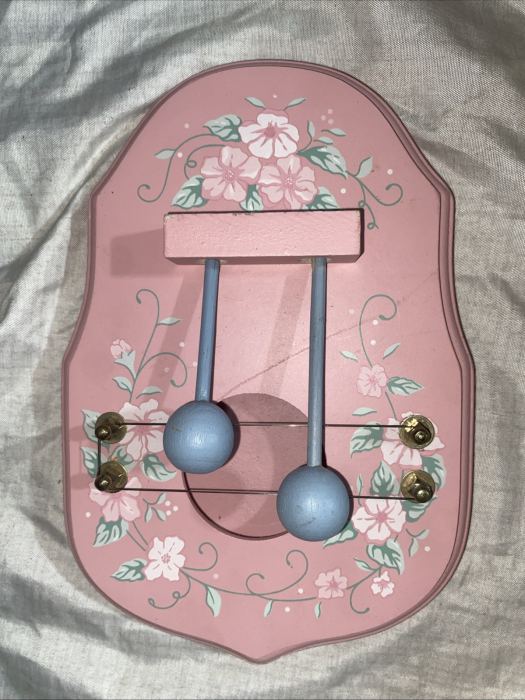 Vintage Folk Art  Cottage Wooden Door Harp 2-String Pink Floral Cottagecore