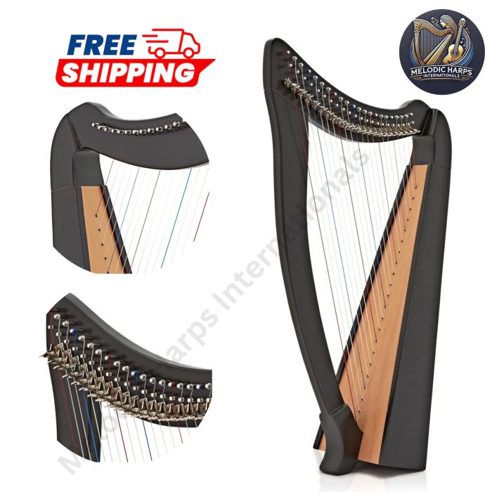 22 String Black Lever Harp | Irish Folk Harp with Tuning Key Nylon Strings & Bag