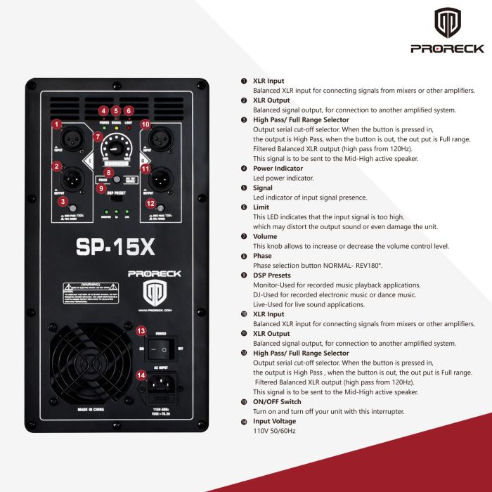 PRORECK SP-15X 15" Active PA DJ Subwoofer 2000W Portable Stage Live Sound Gig