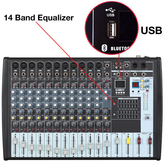 Professional 12 Channels Bluetooth Line Live Mixing Studio Audio Sound Mixer USB