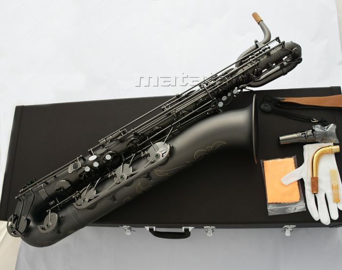 Professional Matte Black nickel Baritone Saxophone Sax Low A With 2 Necks