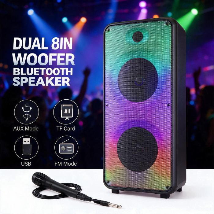 Professional Bluetooth PA Speaker Dual 8in Subwoofer Heavy Bass Sound System Mic