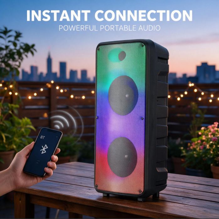 Professional Bluetooth PA Speaker Dual 8in Subwoofer Heavy Bass Sound System Mic