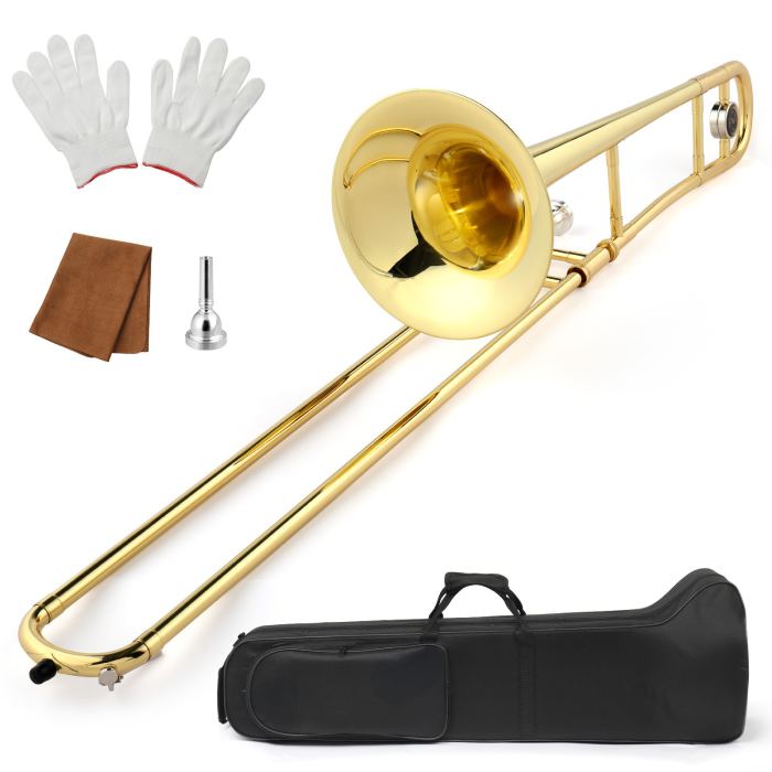 Bb Tenor Slide Trombone, Brass B Flat Key w/ Case, Mouthpiece For Beginner Kit