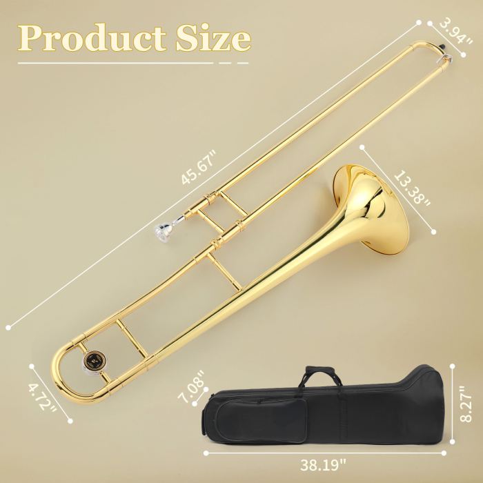 Bb Tenor Slide Trombone, Brass B Flat Key w/ Case, Mouthpiece For Beginner Kit