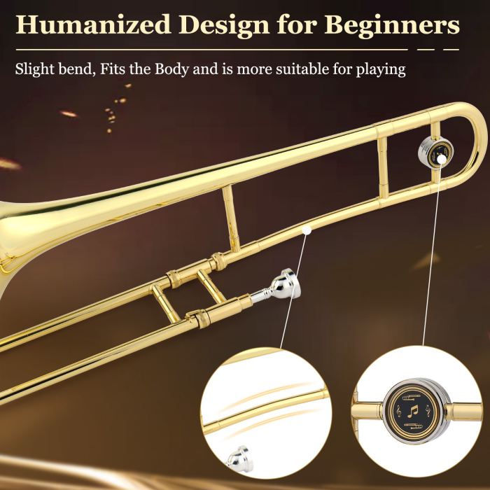 Bb Tenor Slide Trombone, Brass B Flat Key w/ Case, Mouthpiece For Beginner Kit