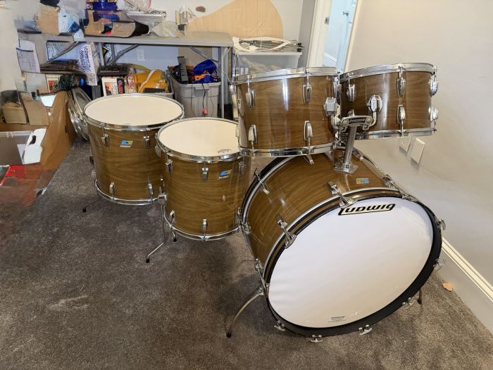 1970’s Vintage Ludwig 3ply Drum Kit Walnut  13, 14, 16, 18, 26, Bonham Sizes