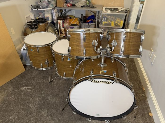 1970’s Vintage Ludwig 3ply Drum Kit Walnut  13, 14, 16, 18, 26, Bonham Sizes