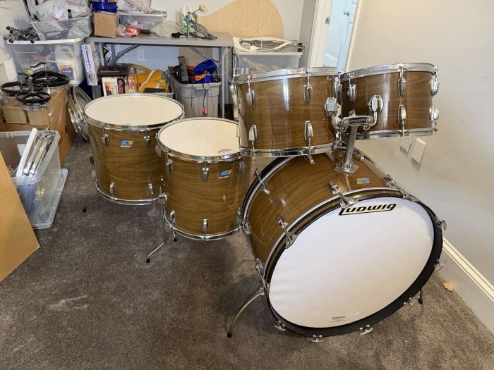 1970’s Vintage Ludwig 3ply Drum Kit Walnut  13, 14, 16, 18, 26, Bonham Sizes