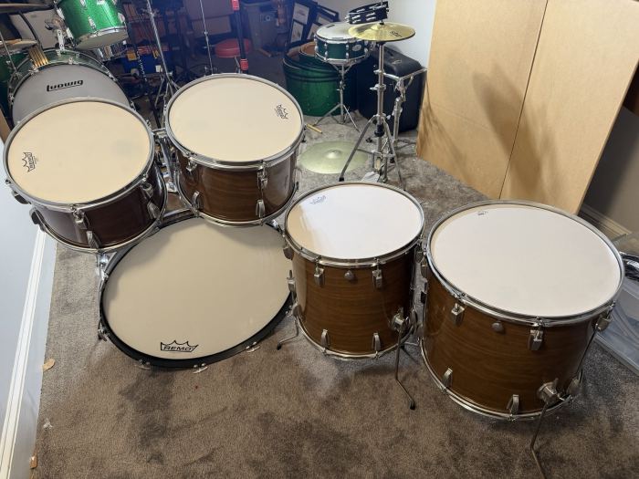 1970’s Vintage Ludwig 3ply Drum Kit Walnut  13, 14, 16, 18, 26, Bonham Sizes